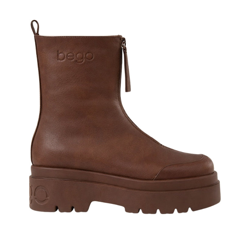 Brown platform boot with 'bego' branding on a white background