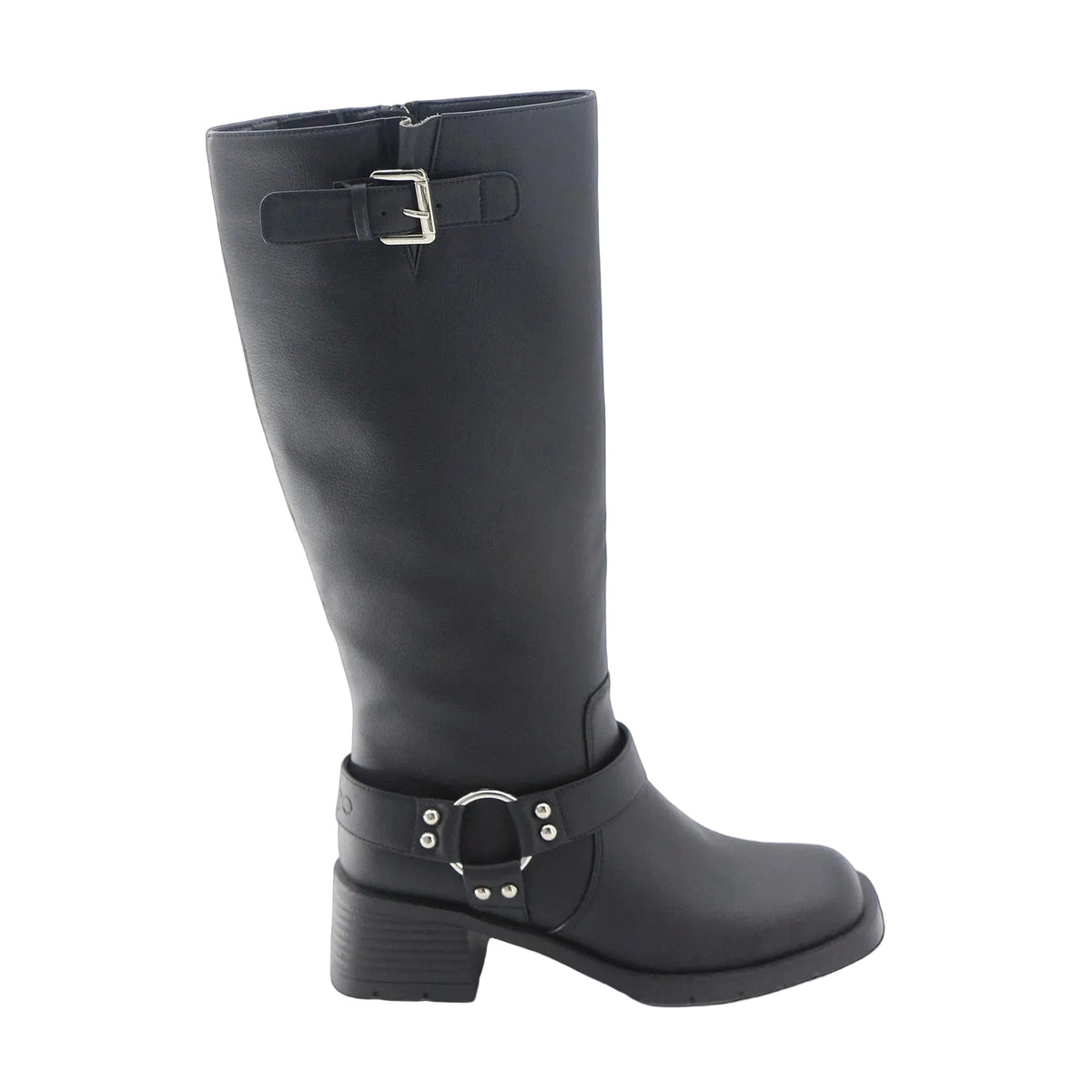Black knee-high boot with a buckle on a white background