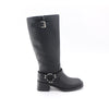 Black knee-high boot with a buckle on a white background