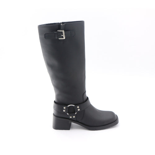 Black knee-high boot with a buckle on a white background